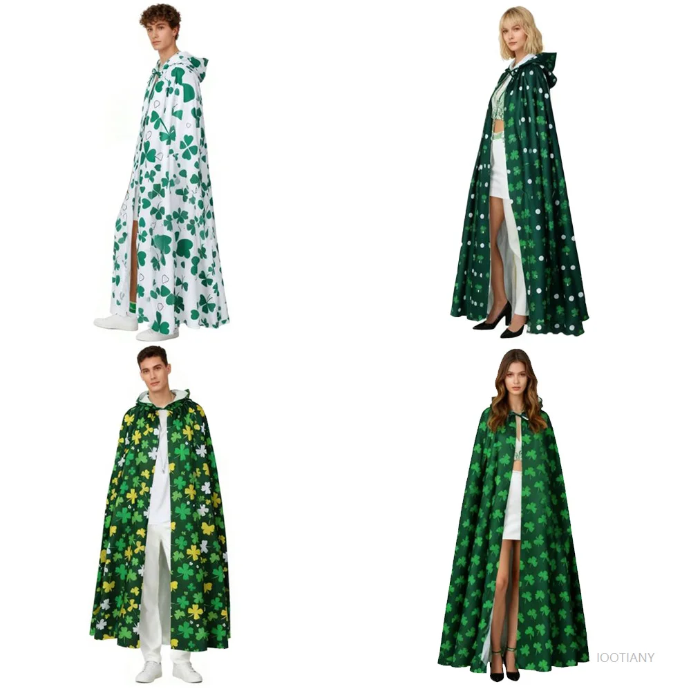 

2026 St.patrick's Day Rish Shamrock Cosplay Hooded Cloak For Adult Carnival Party Outfit Traditionl Festival Performance Suits