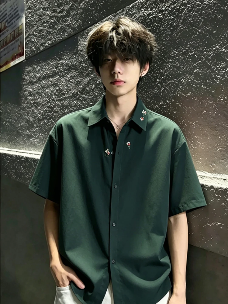 American Style Floral Embroidery Ice Silk Short Sleeve Men's Shirt Summer High Sensation Sun Protection Lightweight Casual Ou...