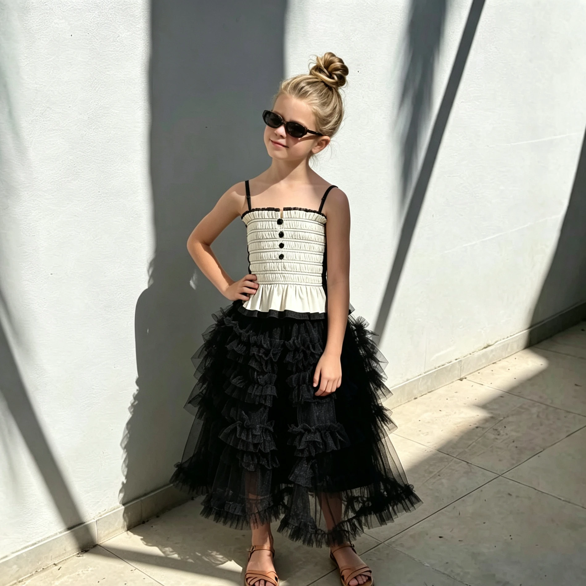 Korean Children's Summer Girls Fashionable Color Blocked Camisole Top Stylish Children's Temperament Mesh Skirt