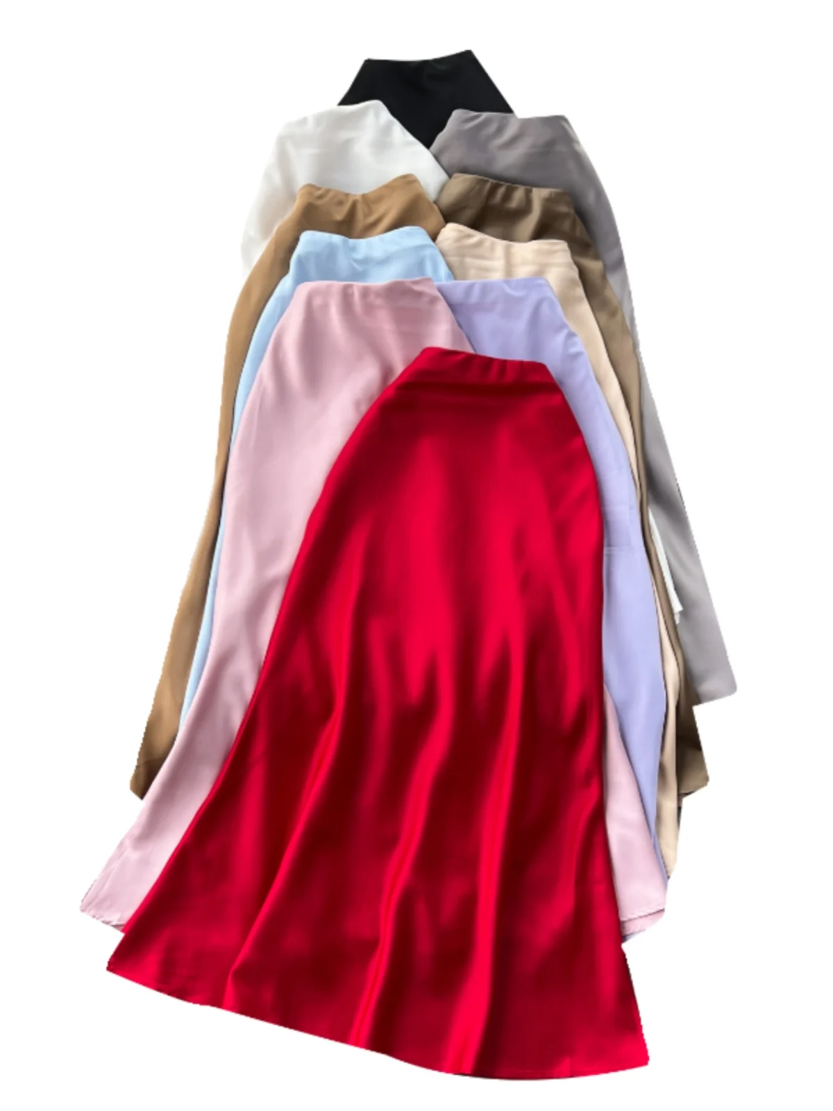 

Ele Satin Mid-Length A-Line Skirt High Waist Slimming Fi-Tail Design for Trendy Women Commute Sle Korean Faion