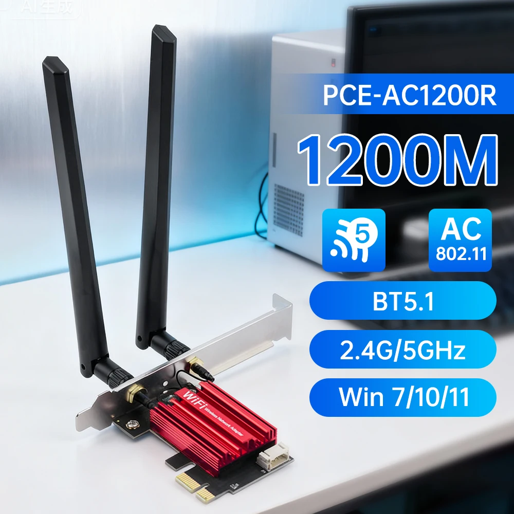 

RTL8822CE WiFi Card AC1200 PCI-E Bluetooth 5.1 Desktop Wireless Network Card Dual Band 802.11ac with 6dBi Antenna For Win10/11