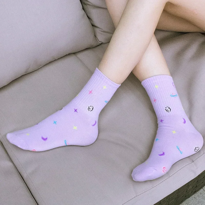 Casual Kawaii Cotton Socks Women's Socks Summer Socks Women's Cartoon Planet Moon Print Funny Ruffle Korean Version Sweet