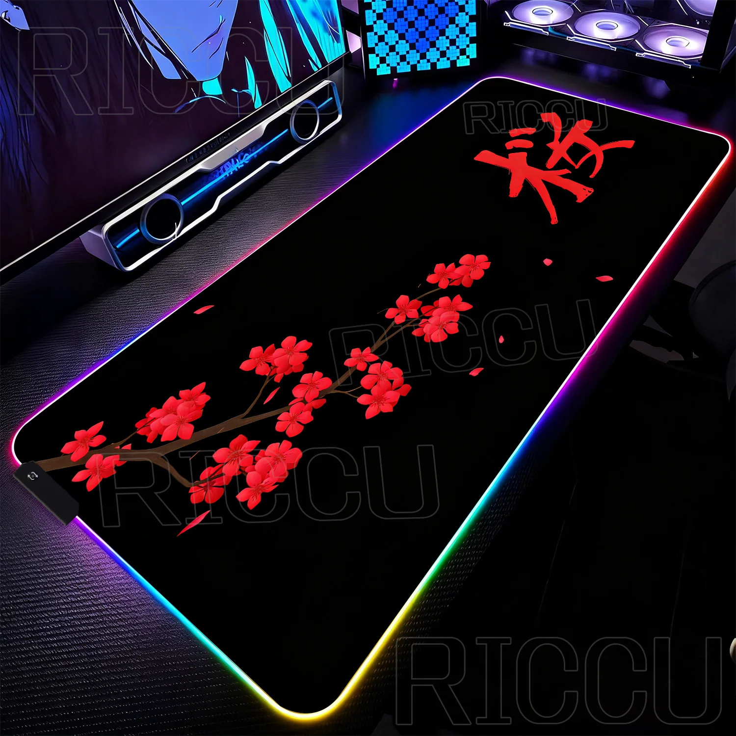 

RGB XXL Japan text Cherry Blossom Mouse Pad minimalist Gaming Desk mat Sakura LED Mousepad Office Carpet Gamer Keyboard Computer