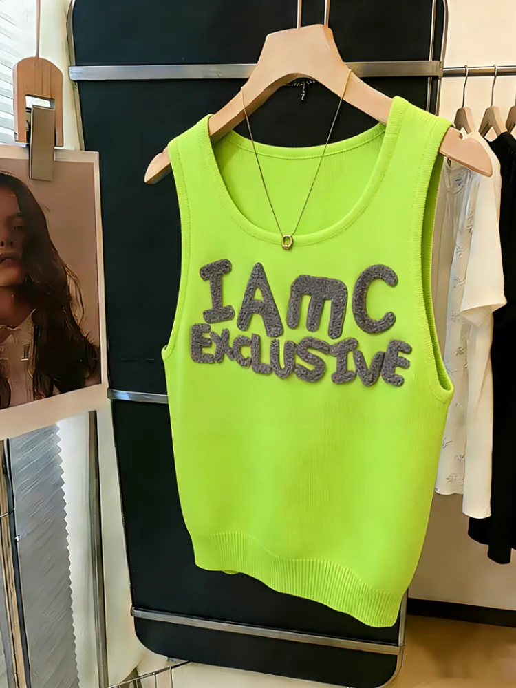 

Summer New Style Letter Embroidery Sleeveless Knitted Tank Top Women's Self-kept Model Small Size Outerwear Top