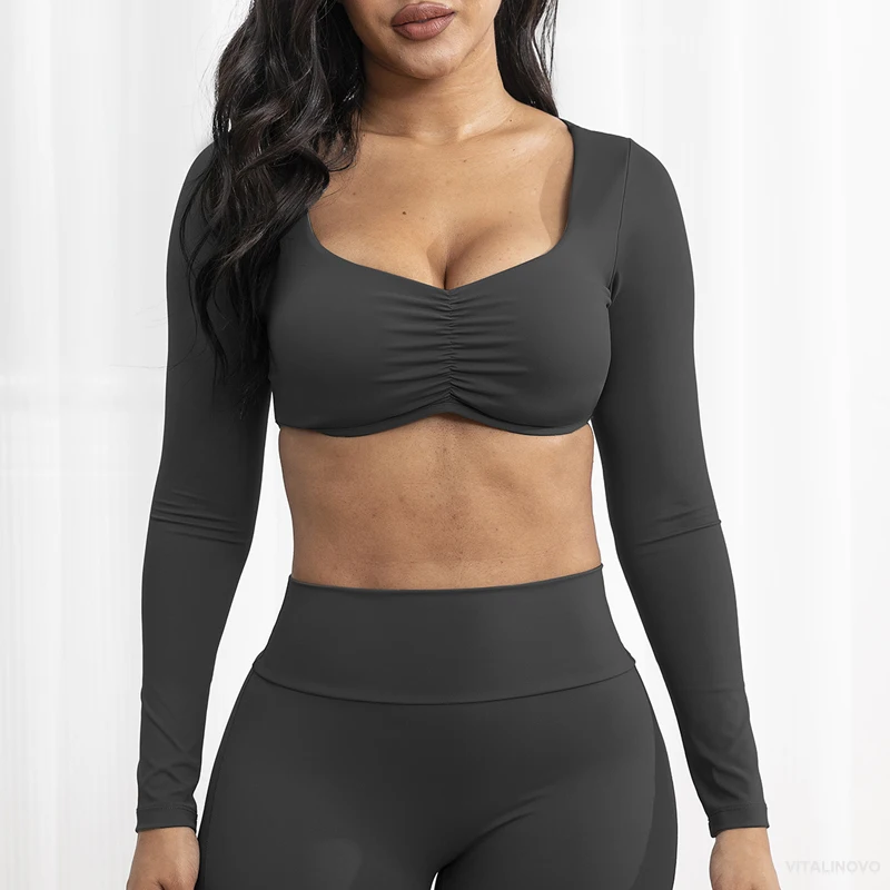 VITALINOVO Long Sleeve Crop Tops for Women Ruched Square Neck Padded Sculpt Yoga Bra Workout Crop T Shirt Top with Built in Bra