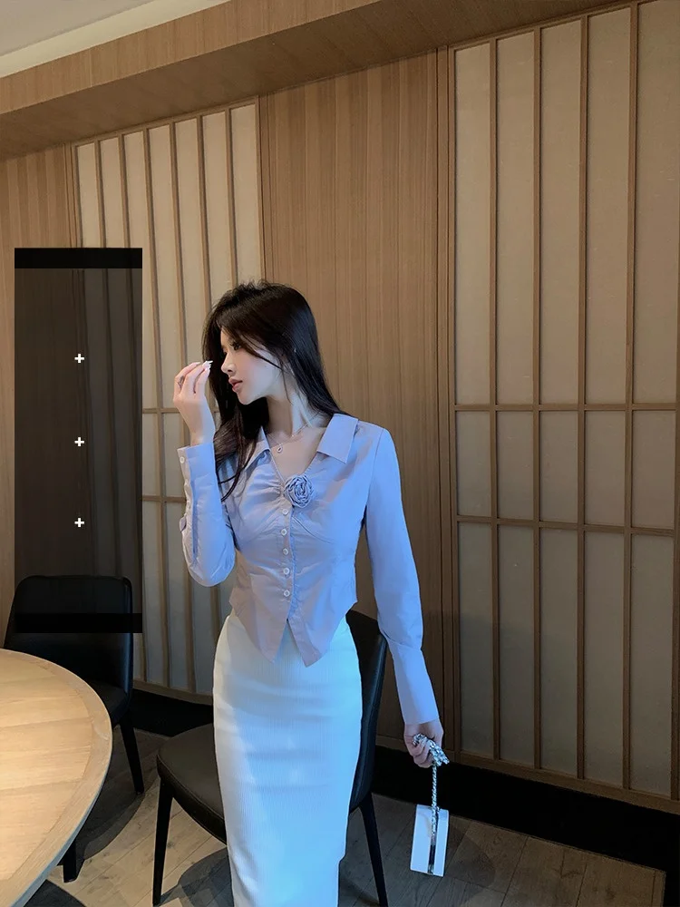 

Приталенная рубашка с глубоким V-образным вырезом, разрезом по низу, съемной цветочной брошью, корейский дизайн, офисная одежда, длинный рукав