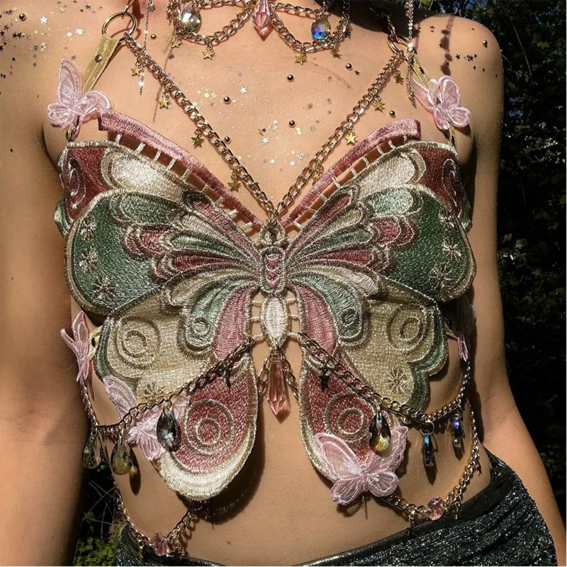 Embroidered Butterfly Patchwork Strap Top Sexy Metallic Crystal Pendant Ultra-Short Strap Fashion High Street Style Women's Top