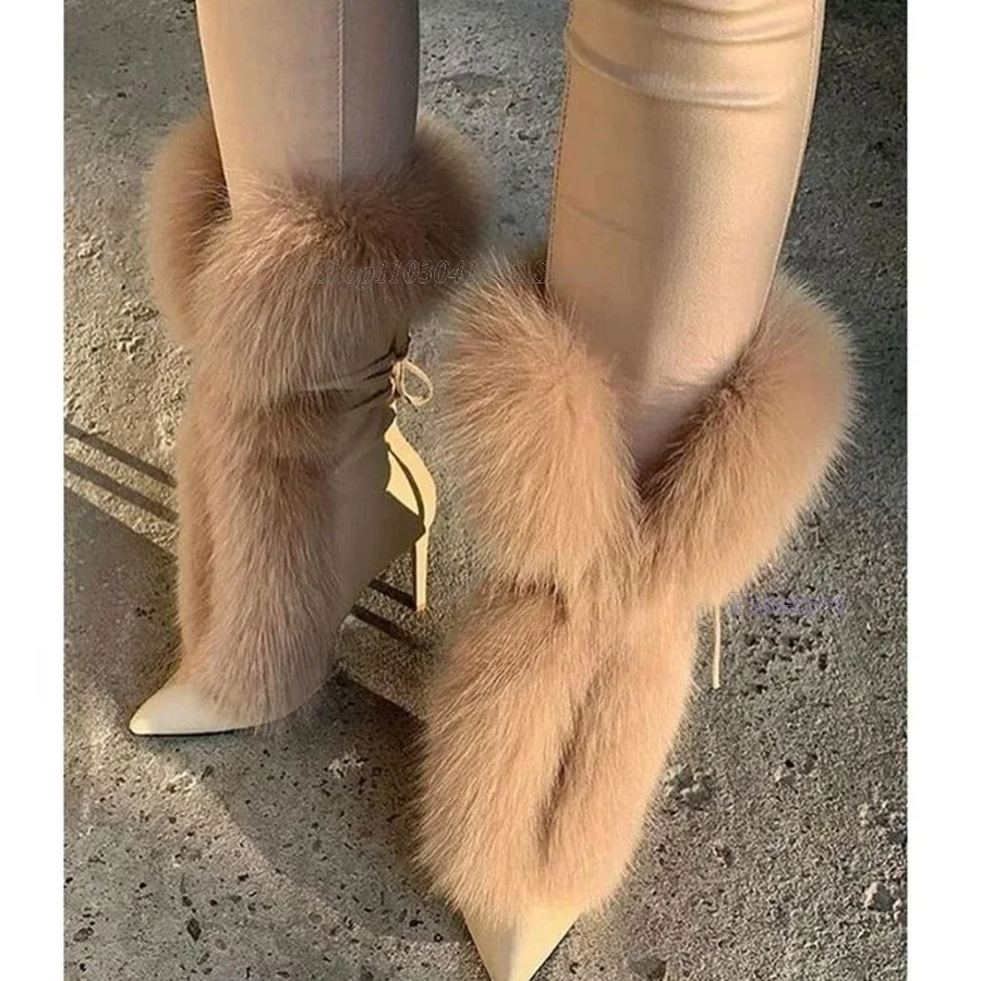 2025 Sexy Ladies Peep toe Fox Fur Wrapped Ankle Boots Thin High Heels Fur Boots Women Street Runway Short Bottines 44