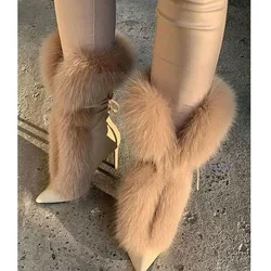 2025 Sexy Ladies Peep toe Fox Fur Wrapped Ankle Boots Thin High Heels Fur Boots Women Street Runway Short Bottines 44