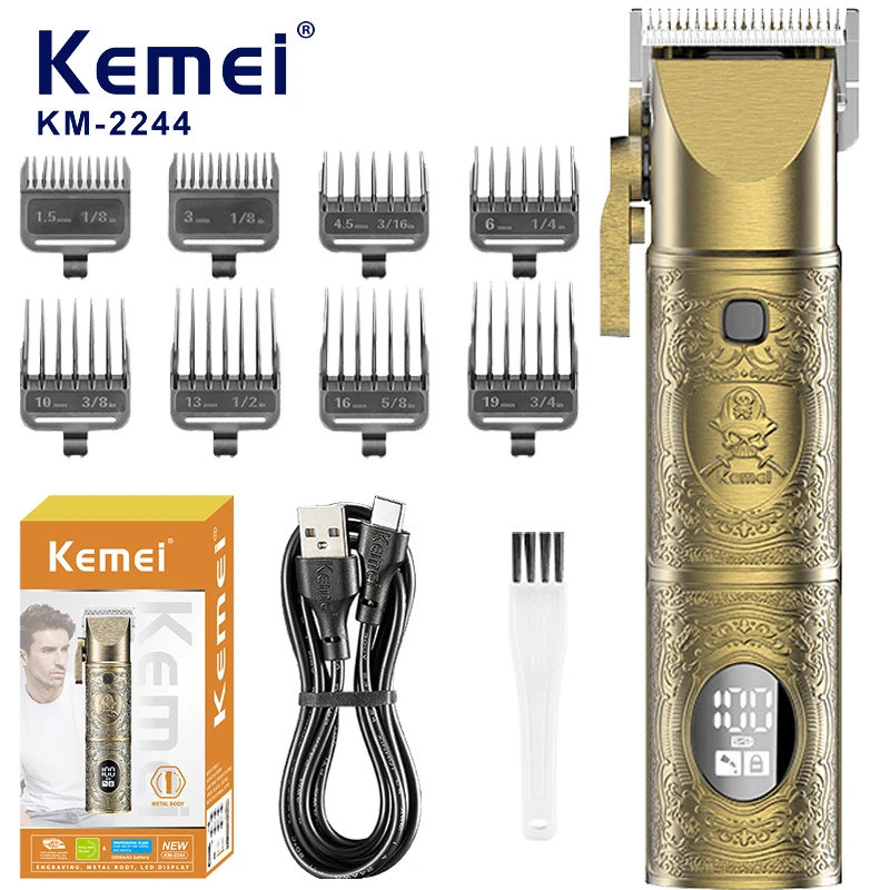 Kemei Professional Hair Clipper for Men Cordless Rechargeable Hair Trimmer Eletric Beard Shaver Barber Kit LED Display Gold