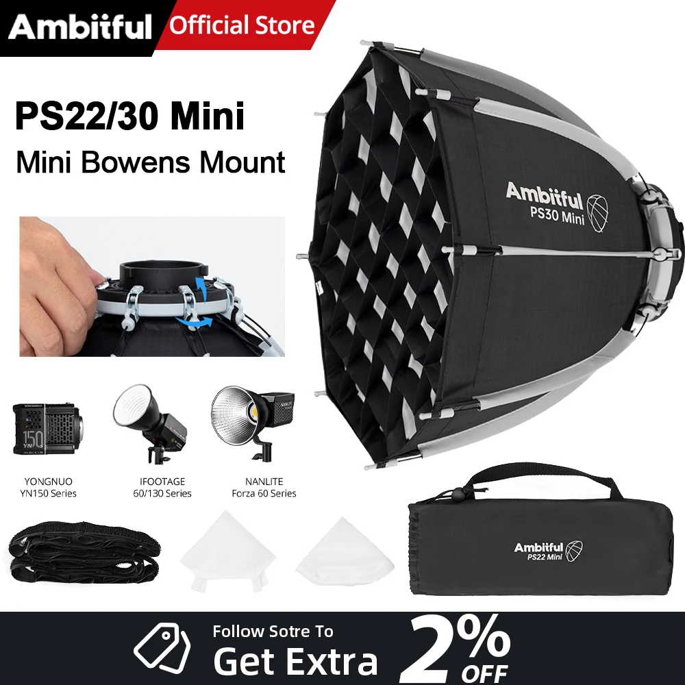AMBITFUL PS22II PS30II Softbox Mini Bowens Mount COB lumière octogonale Softbox lampe de poche boîte mate pour NANLITE YONGNUO IFOOTAGE