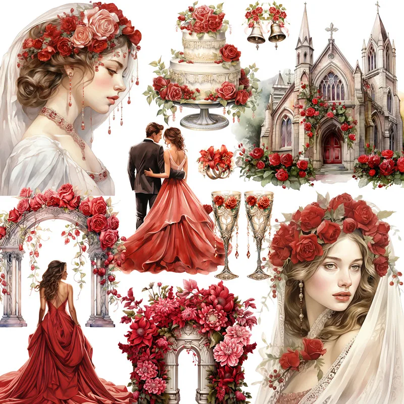 Red Wedding Bride Series Stickers Materials DIY Scrapbooking Planner Collage Junk Journal Decor Stickers