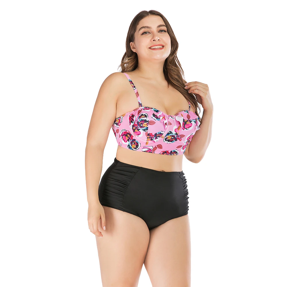 Women\'s Plus Size Bikini Set Pink Girls Swimsuits Ruffle Two Piece Swimwear High Waist Swimsuit for Chubby woman Swim Suit 4XL