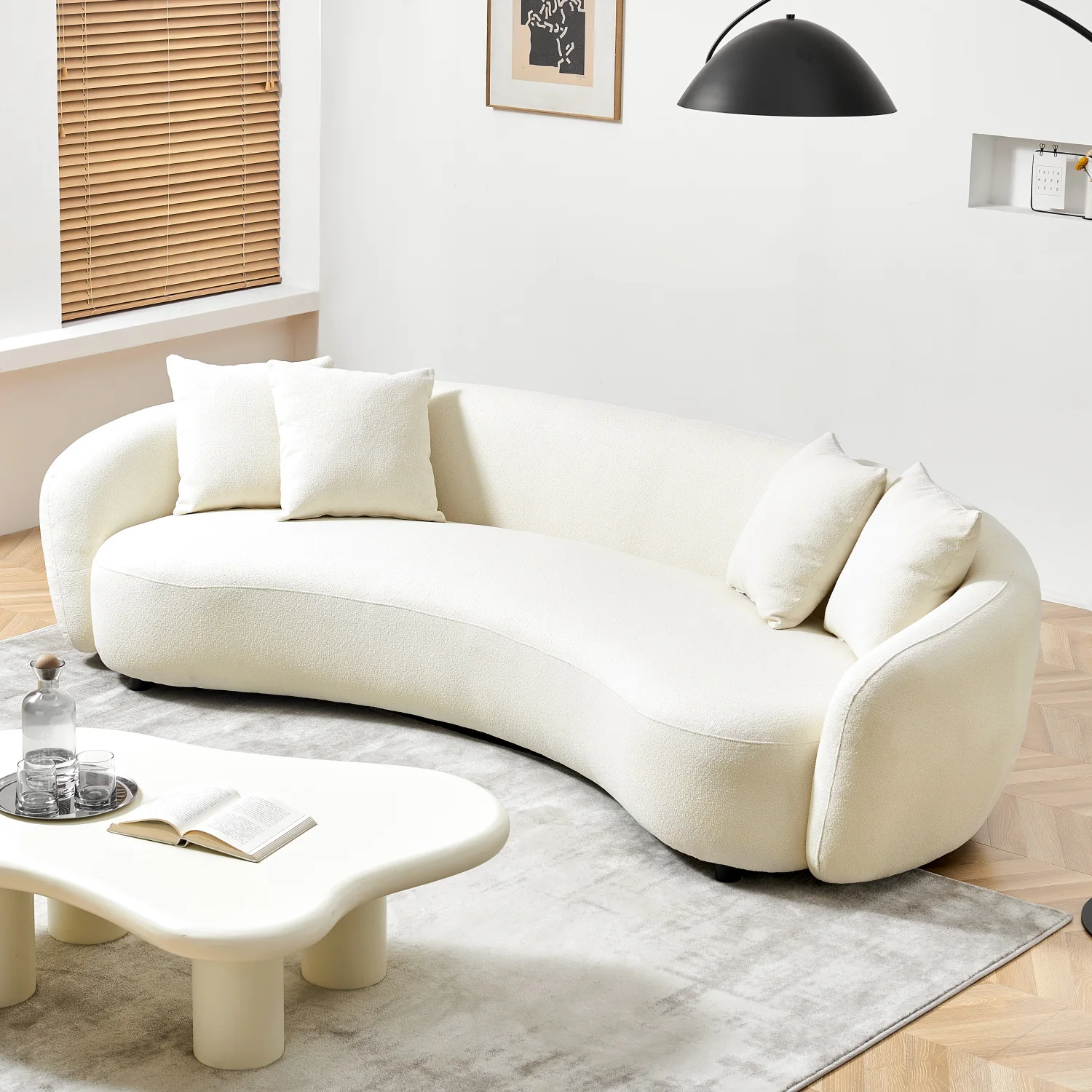 

Modern Curved Sofa Mid-Century White Comfy Half Moon Teddy Fabric Couch,101" Upholstered with 4 Throw Pillows for Living Room