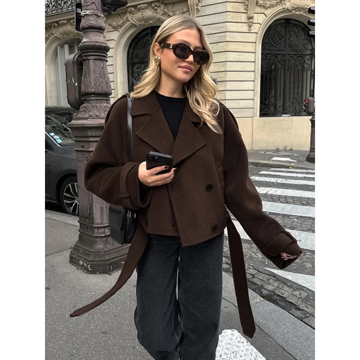 

Brown Woolen Coat Women's Commuter Faion Double Row Buttons Long Sve Thi Winter Coat for Young Adults with Hat