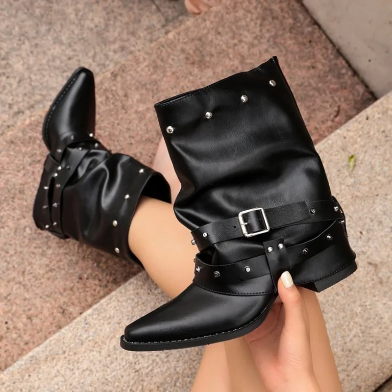 Botas de media pantorrilla para mujer, con punta, tacón bajo, caña holgada, efecto cuero, con tachuelas, correas y hebilla, estilo casual, motero, para uso diario