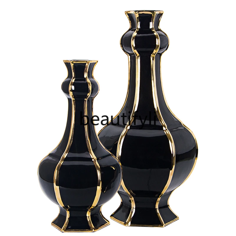 Simple and beautiful European light luxury model room design sense black gold small mouth ceramic flower ware export vase