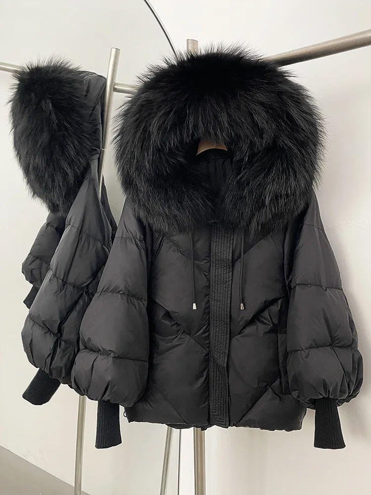 Frauen Weiße Ente Unten Outwear Winter Natürliche Große Pelz Kragen Mit Kapuze Unten Jacke Weibliche Laterne Hülse Warme Stepp Jacke