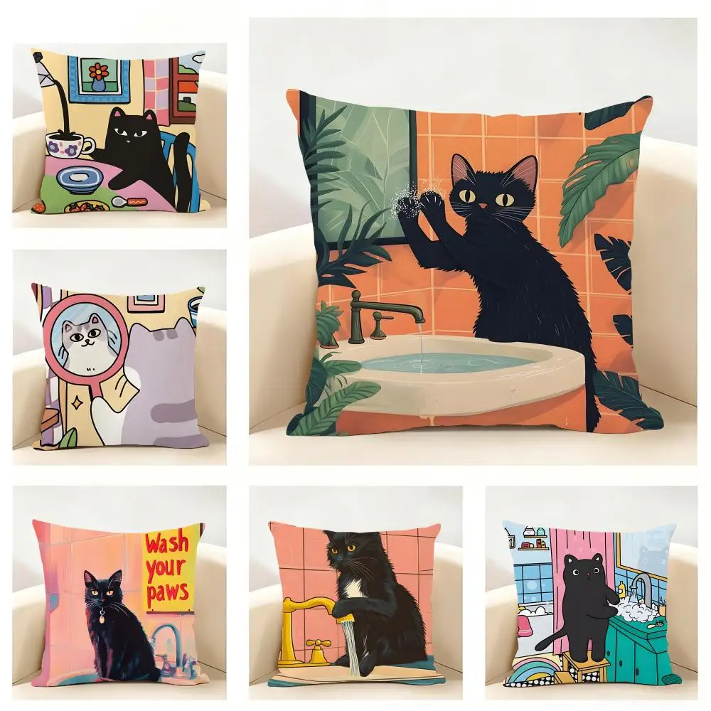 Humorous Wash Cat Paws More Spaghetti Cushion Cover Linen Minimalist Soft  for Sofa Bed Home Room Decor