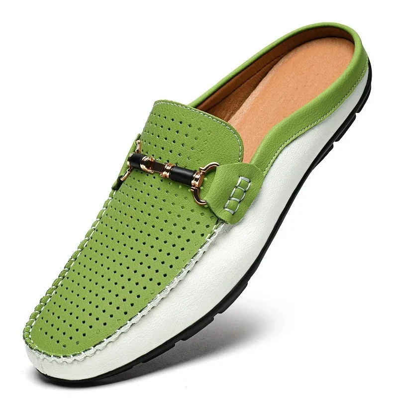 Breathable Half Shoes For Men Leather Slippers Trendy Loafers Backless Slip-ons Italian Designer Mocasines Hombre Mocassin Homme