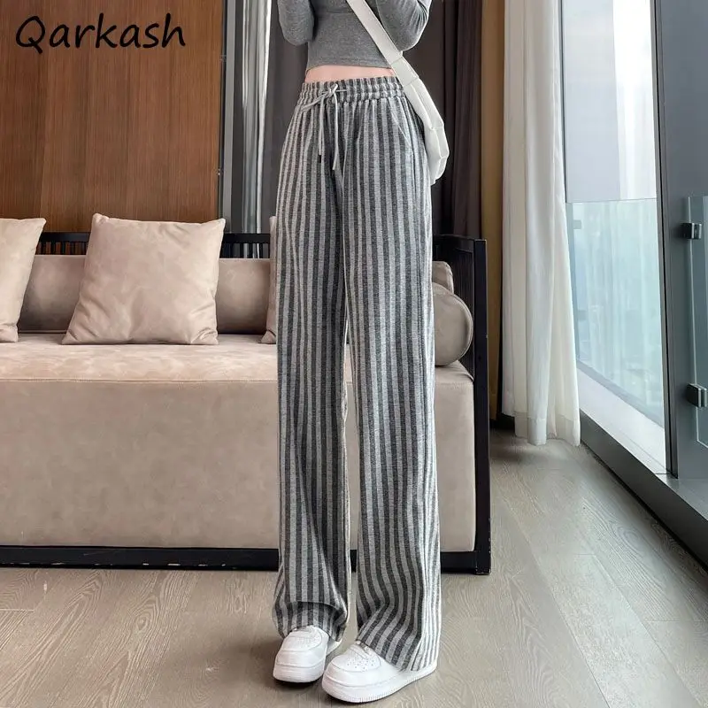 

Pants Women Striped High Elastic Waist Loose Fit Fashion American Style Casual All-match Drawstring L-7XL Straight Trousers