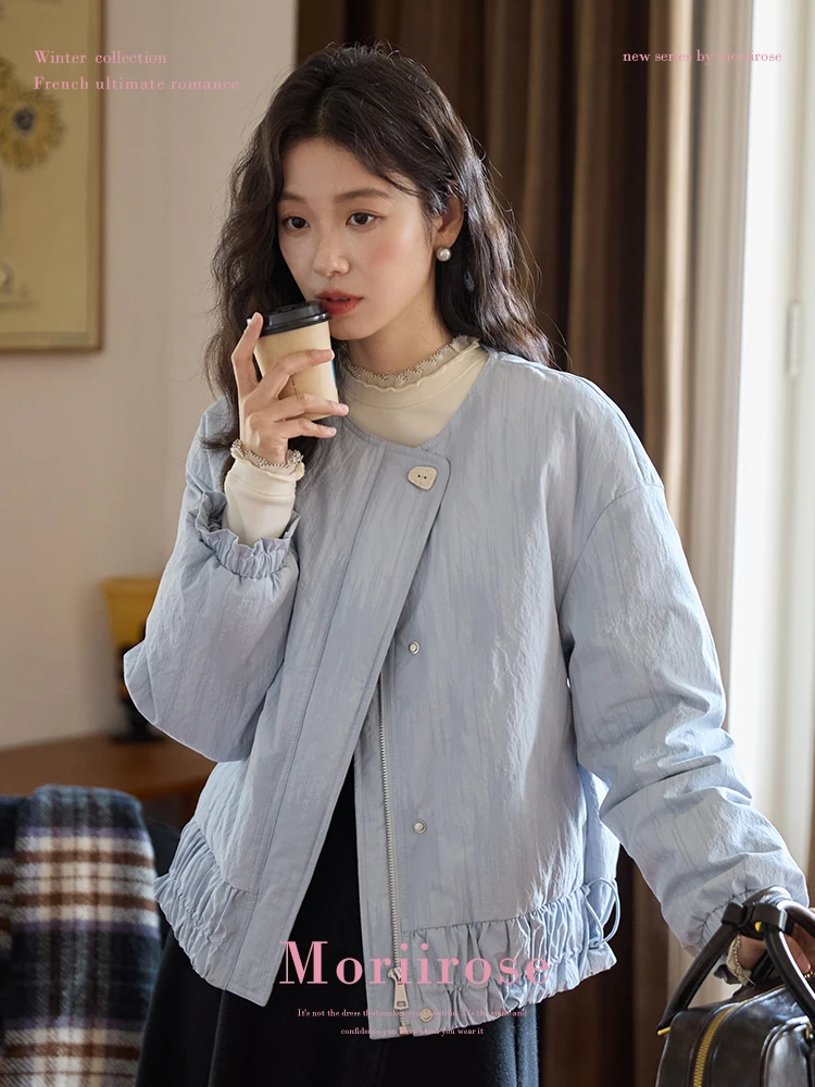 

Новая женская зимняя свободная куртка Moriirose Blue National Stand Pleated с плиссировкой, на молнии, с длинными рукавами, для повседневной носки