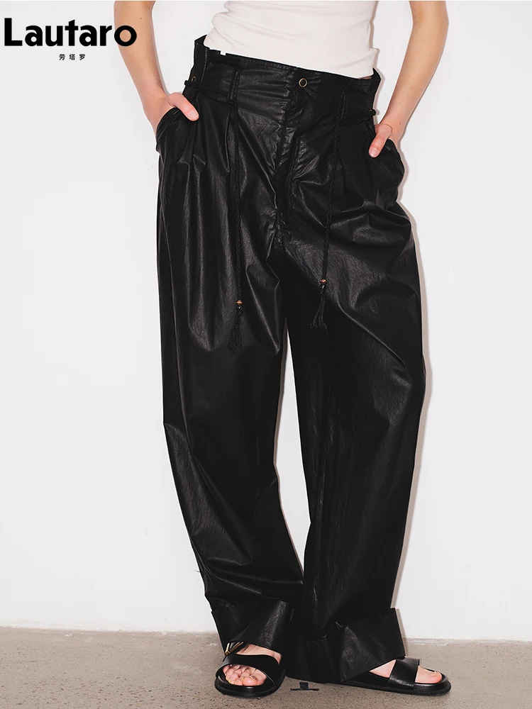 

Lautaro Spring Autumn Long Baggy Flowy Black Pu Leather Wide Leg Pants for Women High Waist Luxury Designer Emo Clothes 2026