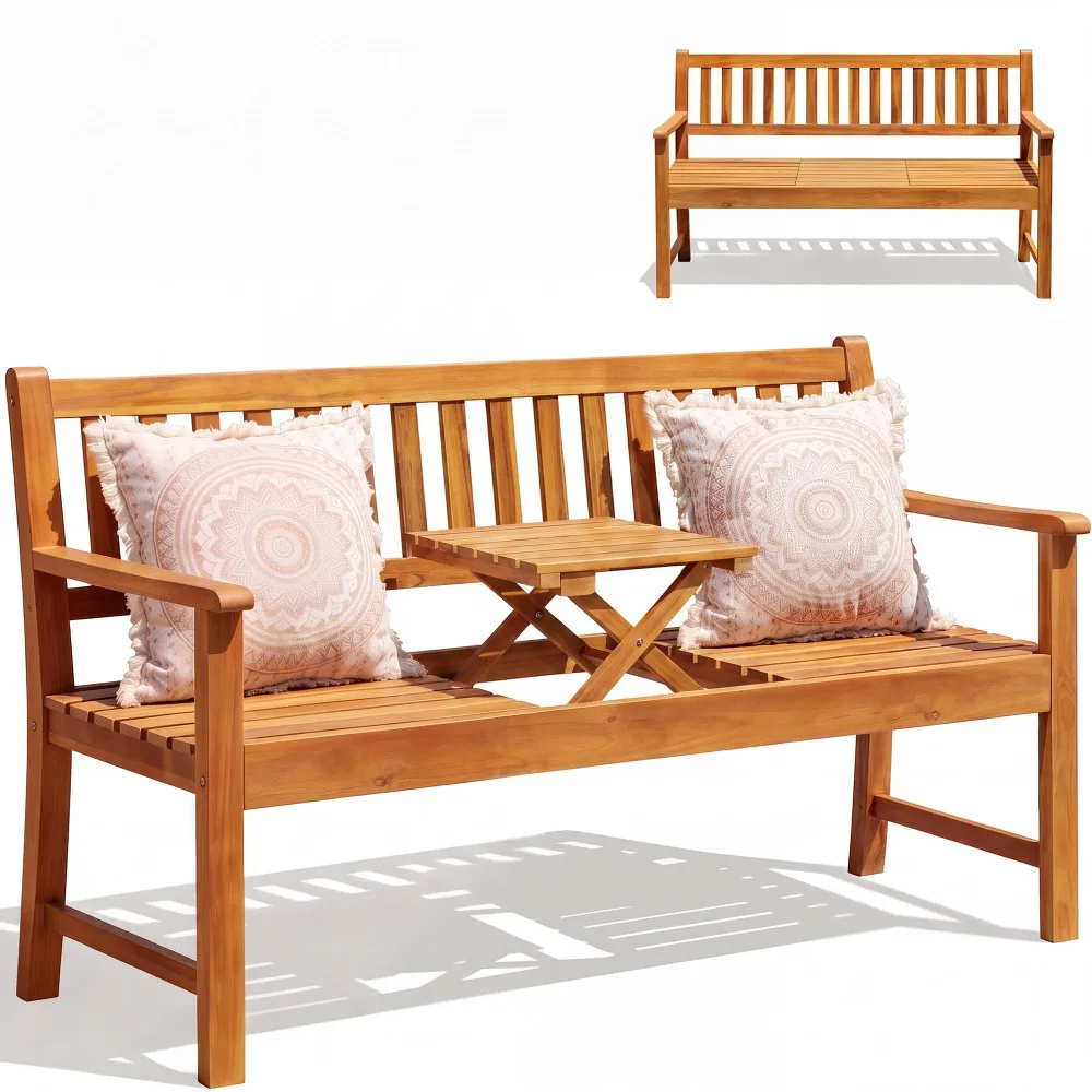 Acacia Wood Outdoor Bench, 2-Person Garden Bench with Pull-Out Table