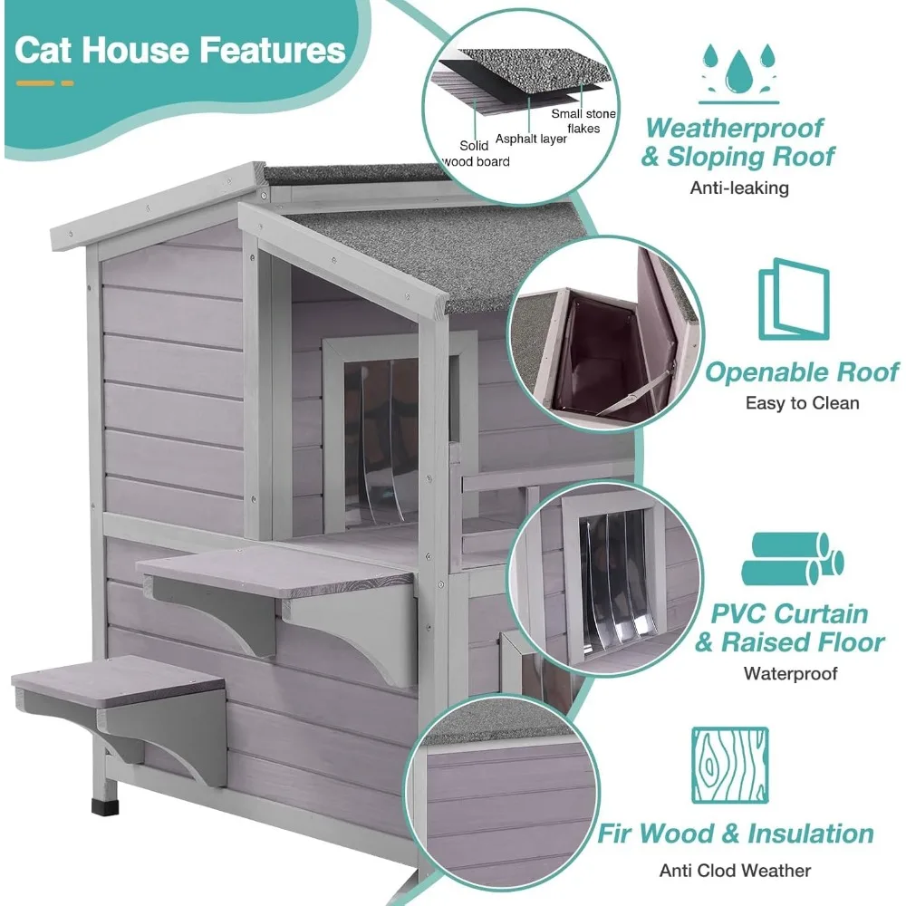 Casa para gatos al aire libre aislada, refugio para gatos resistente a la intemperie para invierno con forro calefactable de espuma, casa para mascotas exterior de 2 pisos, jaula para gatitos