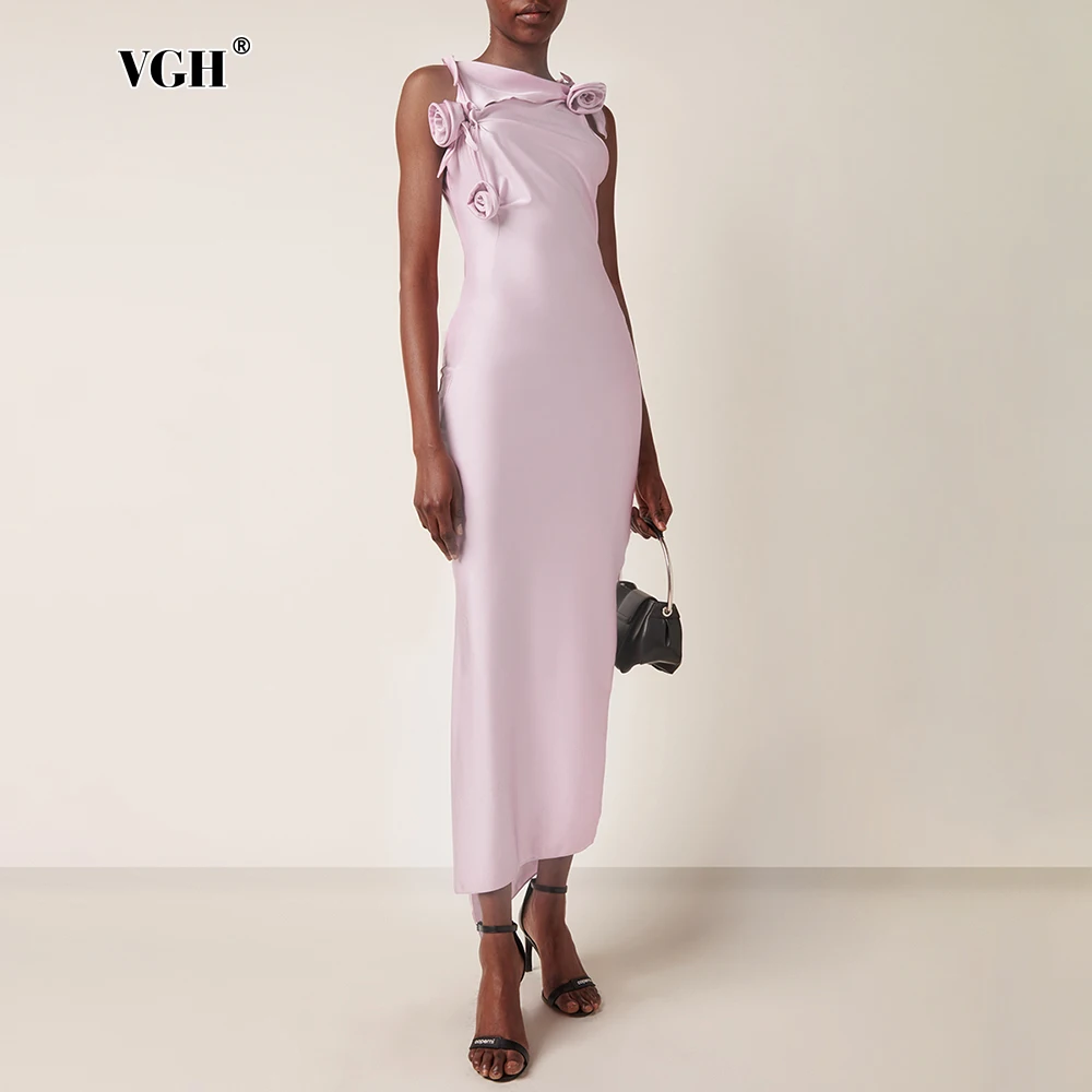 فستان VGH مزين بالتخسيس الصلب للنساء بياقة دائرية بدون أكمام وخصر عالٍ فساتين مفرغة جديدة للسيدات