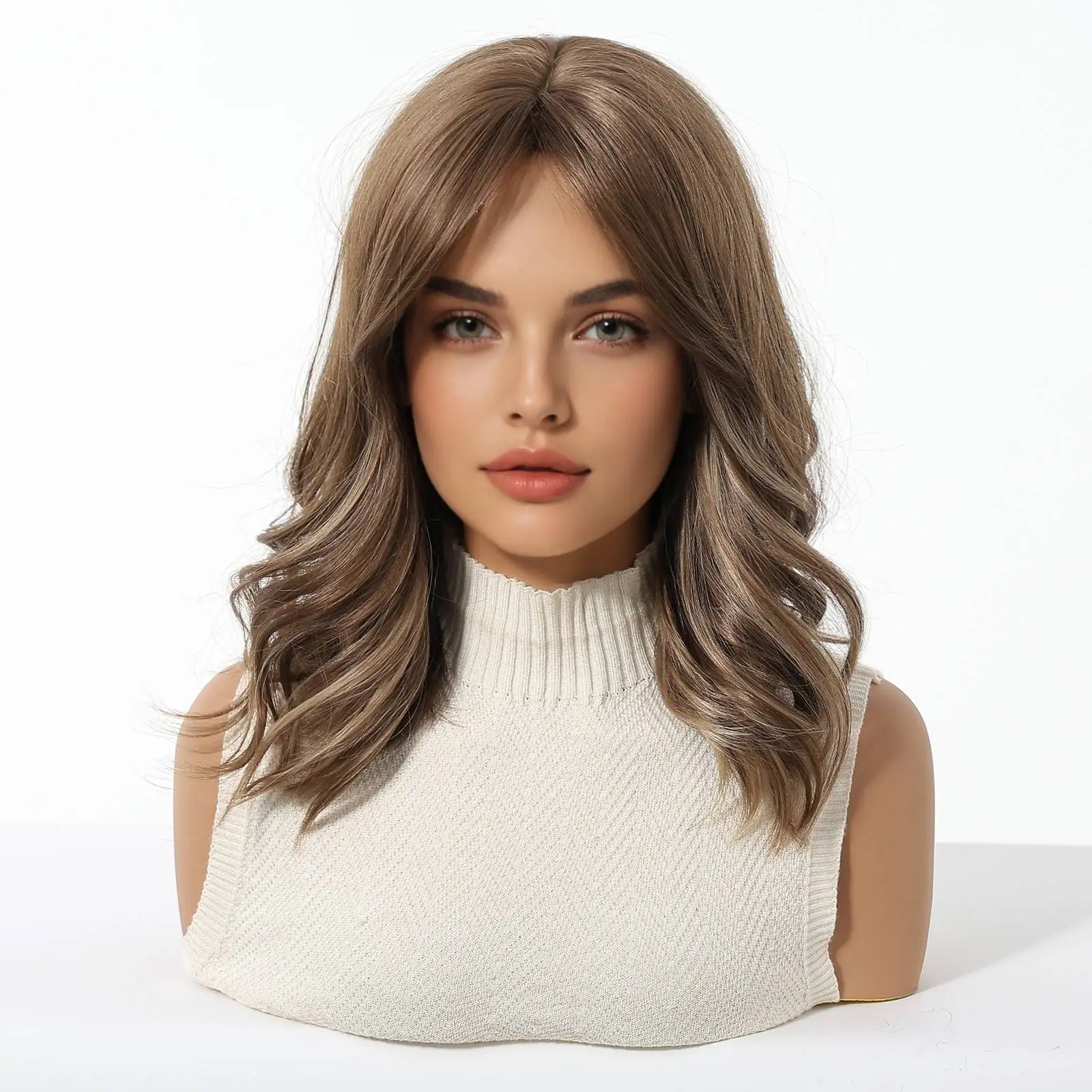 Highlighted Brown Synthetic Wig Center Parting with Bangs Hair Full Wigs For Woman Daily Wear Daily Use Office Party Cosplay