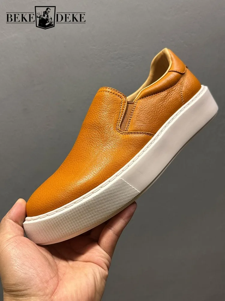 

Men Cowhide Genuine Leather Casual Shoes Round Toe Low Cut Comfortable Slip On Loafers Thick Platform Joggers Sneakers Trainers
