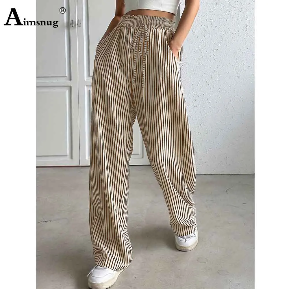 2025 Women Elegant Fashion Striped Penicl Pants Female Stand Pocket Board Trousers New Summer Elastic Waist Straight Beach Pants
