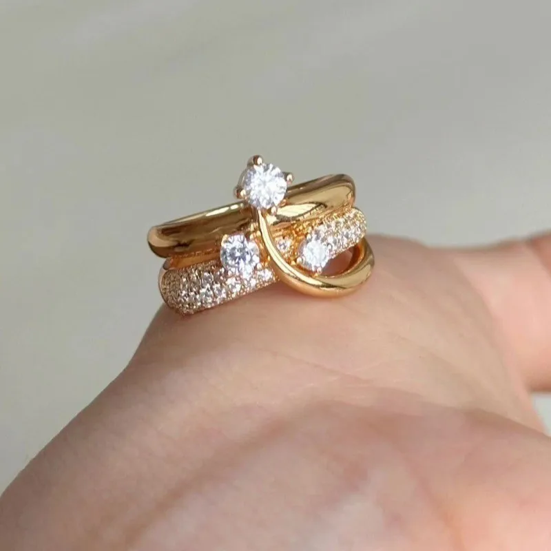 Vintage 18K Gold Plated Metal Victorian Heirloom Diamond Ring Old Money Interlaced Pave CZ Setting Band Timeless Women Jewelry