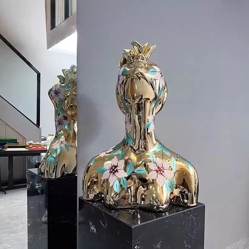 Half-body Abstract Resin Figure Sculpture, Painted Portrait, Semi-handmade Floral Girl Ornament for Living Room Home Decor