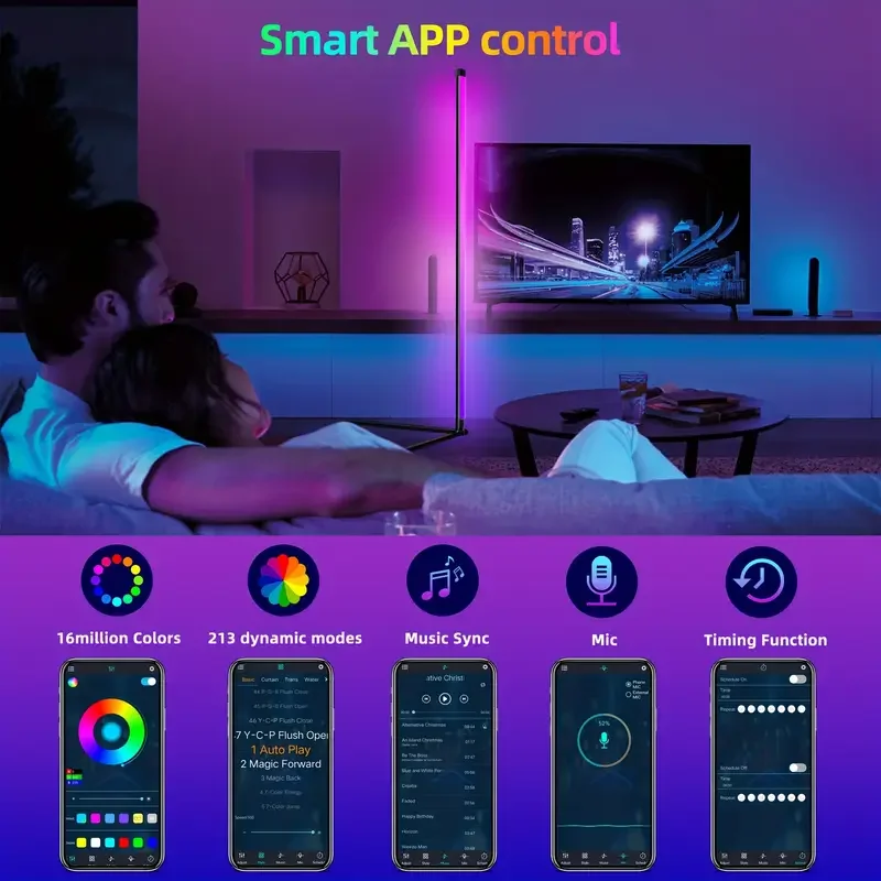 RGB LED Smart Modern Floor Lamp Music Synchronization 16 Million DIY Color Change Suitable for Gaming Room Parties, Etc.