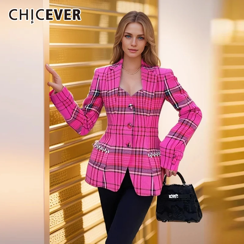 

CHICEVER Streetwear Plaid Coat For Women Square Collar Long Sleeve Spliced Button Hollow Out Slimming Irreguar Hem Coats Female