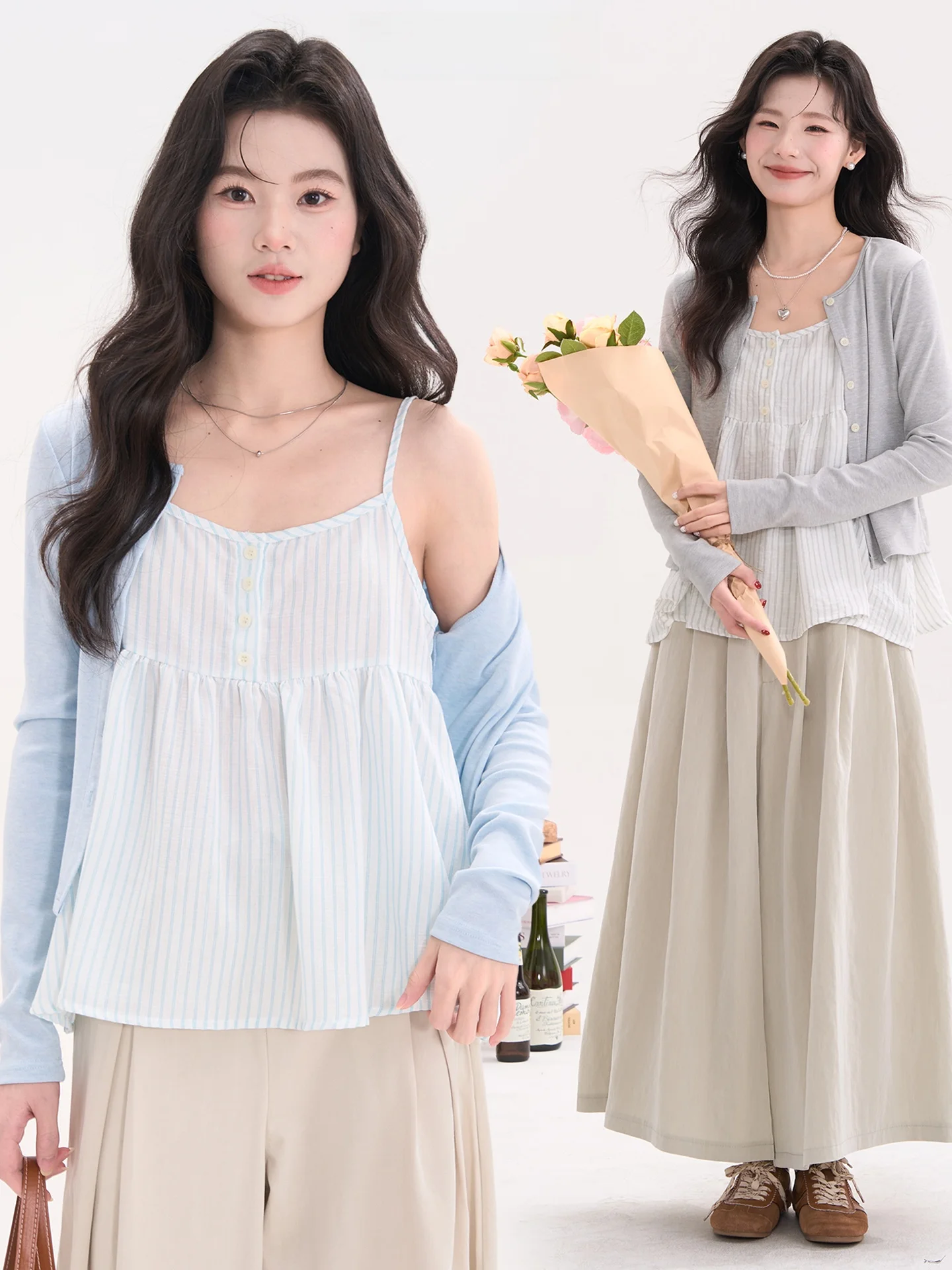 

Удобный корейский полосатый жилет-кардиган с бретелями и комплект из двух предметов для женщин: верхняя одежда для ранней весны с принтом «Цветочное поле»