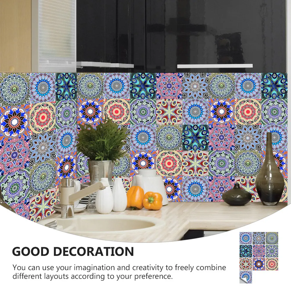 Mandala Tile Stickers 10 Pack Waterproof Bohemian Wall Decals for Kitchen Bathroom Home Decor