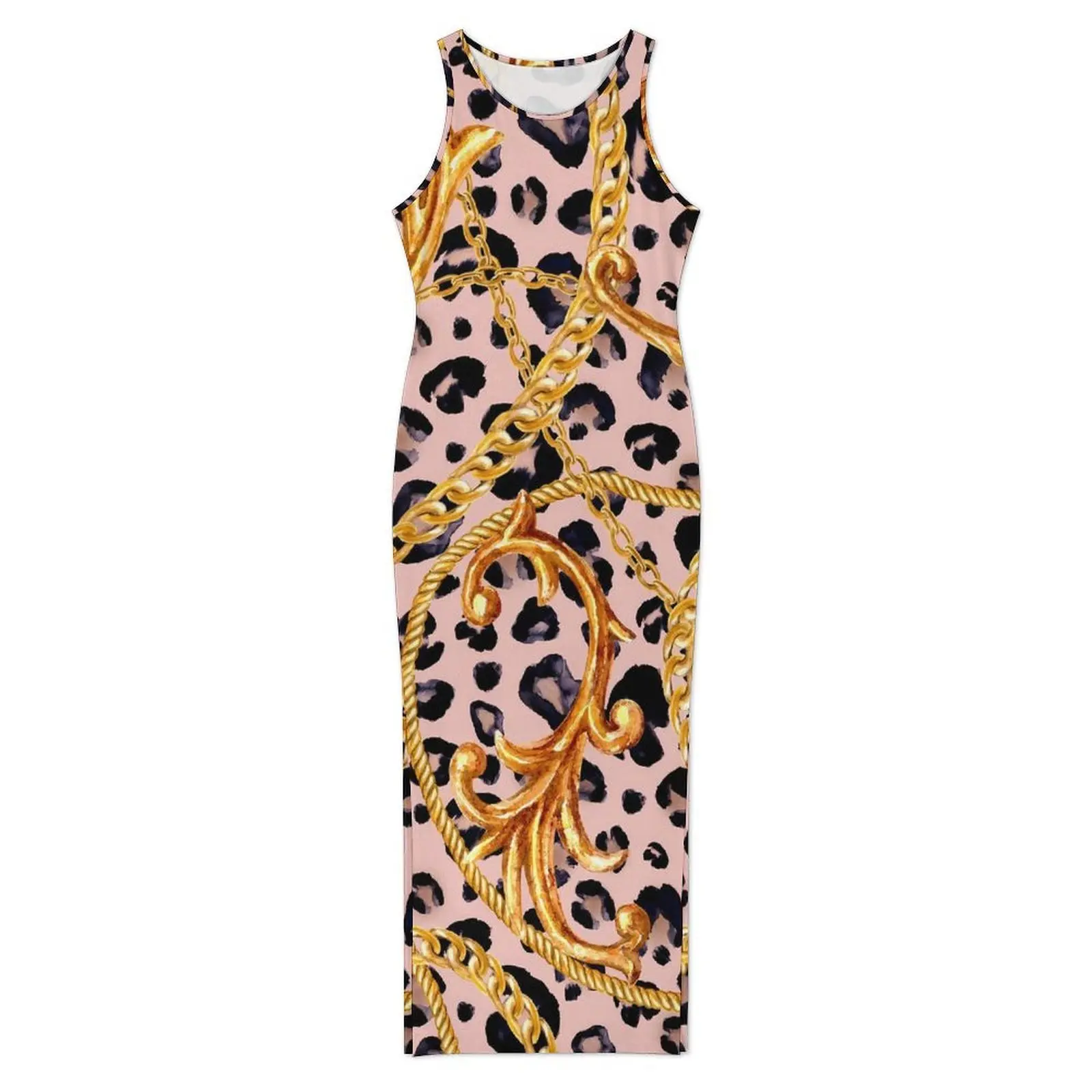 Golden Chain Dress Sleeveless Leopard Print Casual Y2k Maxi Dresses Retro Bodycon Dress Women Custom Oversized Vestido
