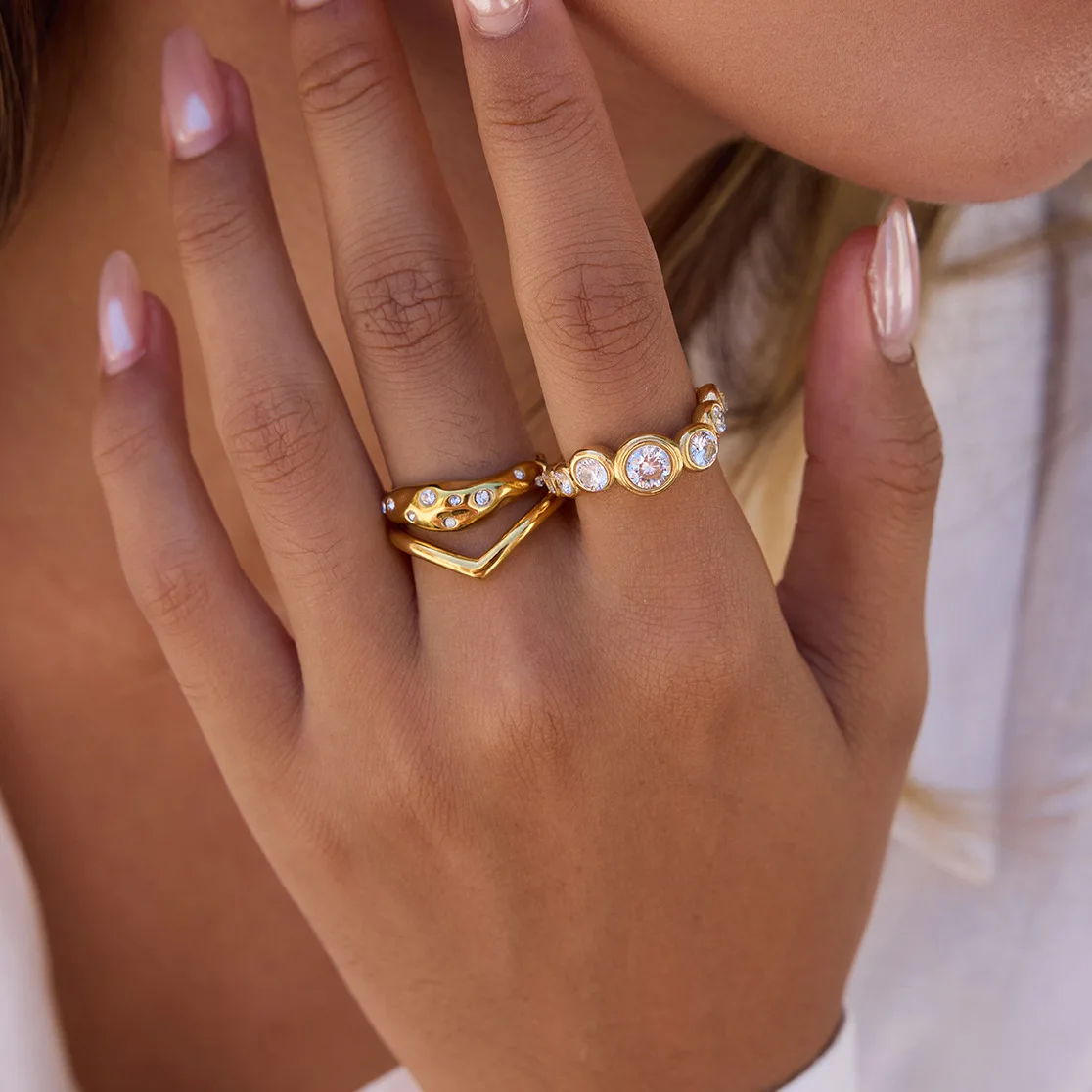 Fashion White Zircon Stainless Steel Ring for Women 18k Gold Plated Waterproof Ring Hip Hop No fade Jewelry  Gifts