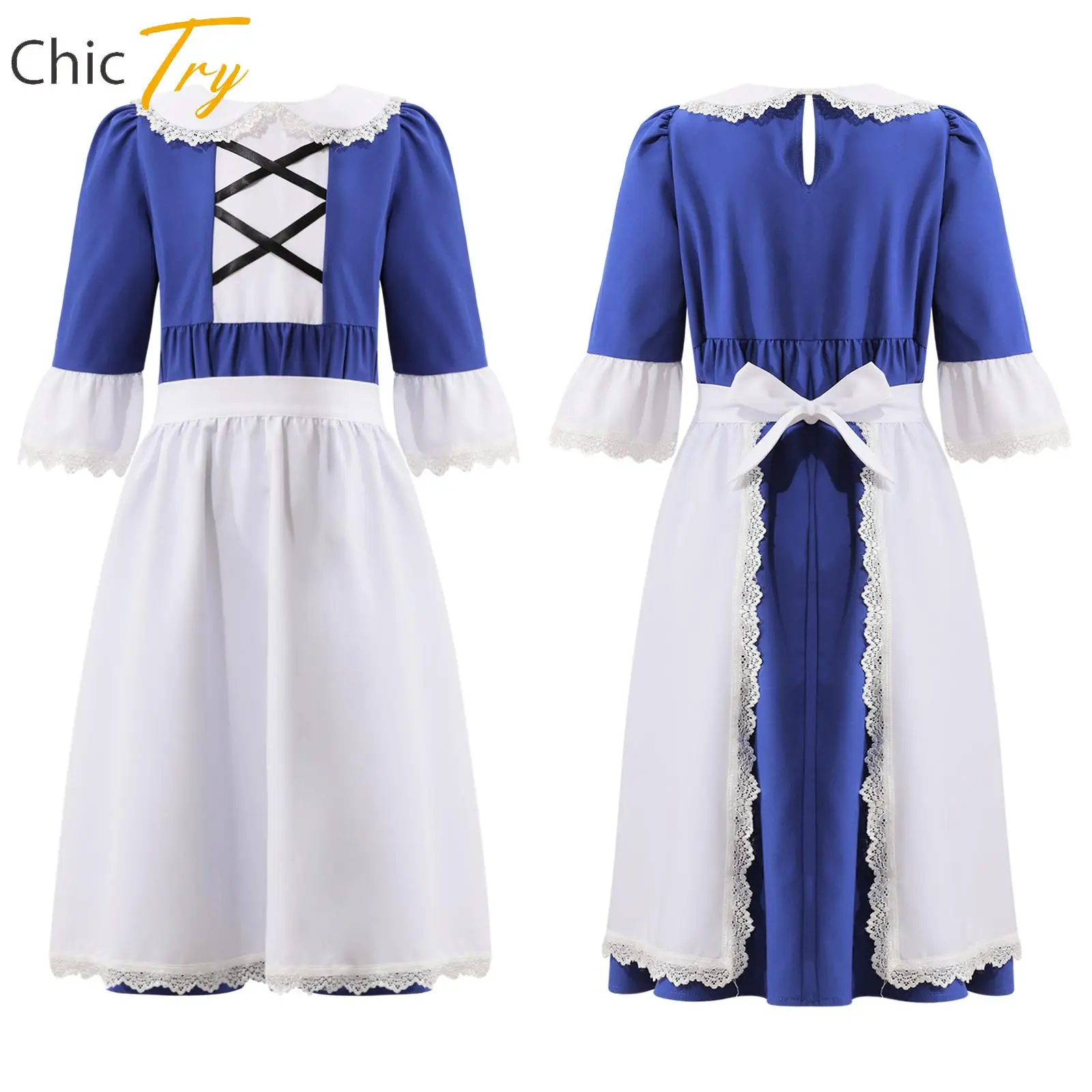 Kids Girls Two Pieces Colonial Prairie Cosplay Costume Lapel Collar Short Flared Sleeve High Waist Dress with Apron Set