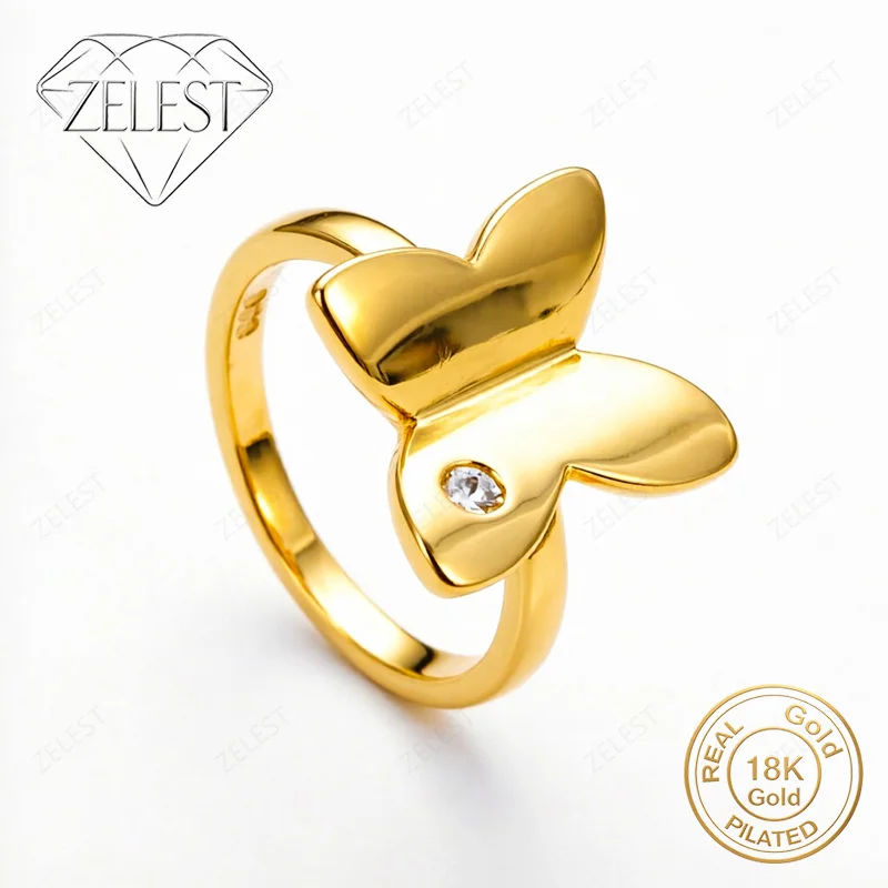 

925 Sterling Silver 18K Gold Plated 8# Glossy Butterfly Zircon Ring Women's Fashion Party Favor Jewelry Accessories