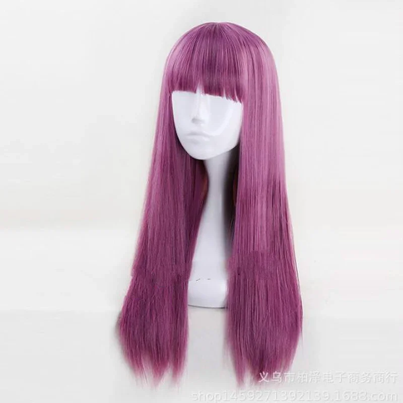 Descendants 2 Mal 60cm Purple Mix Straight Flat Bangs Synthetic Cosplay Wig Womens Halloween Party Wigs+wig cap