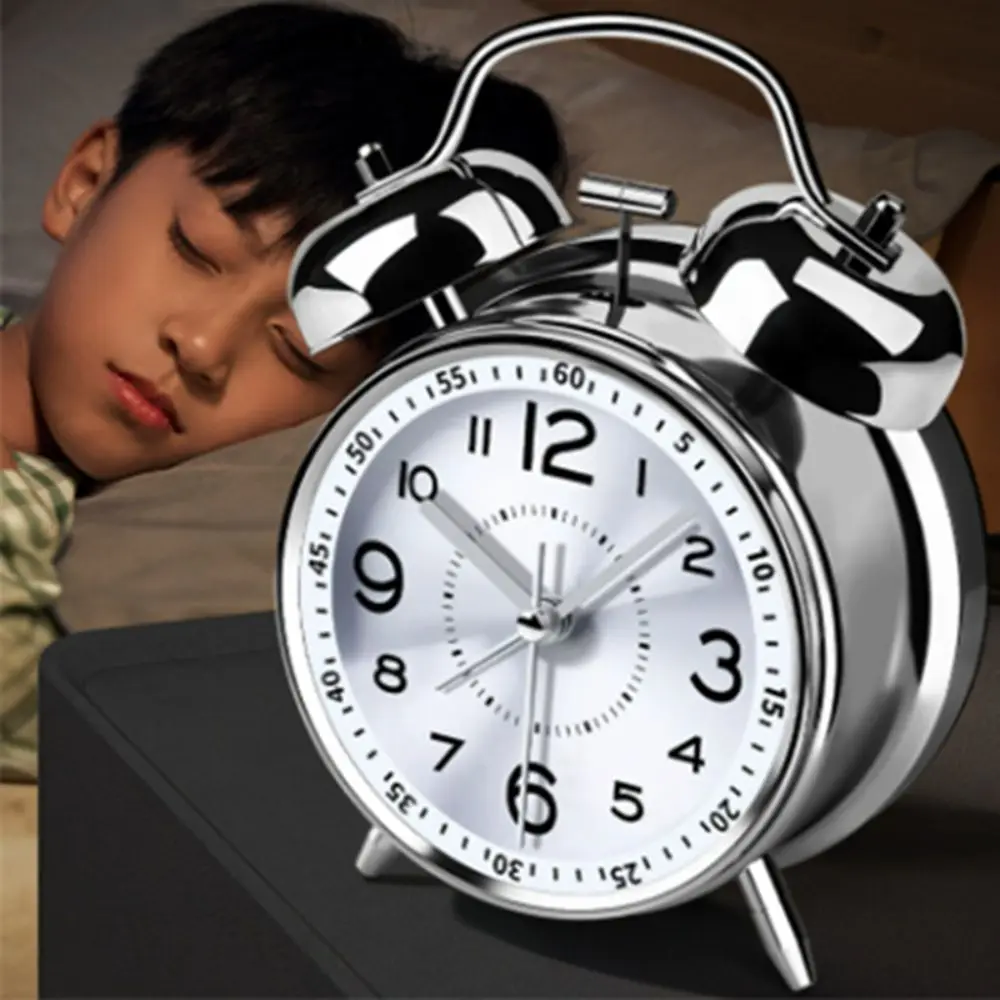 Silent Twin Bell Alarm Clock with Night Light Metal Frame Bedroom Alarm Clock Retro Fall-resistant Loud Alarm Clock Living Room