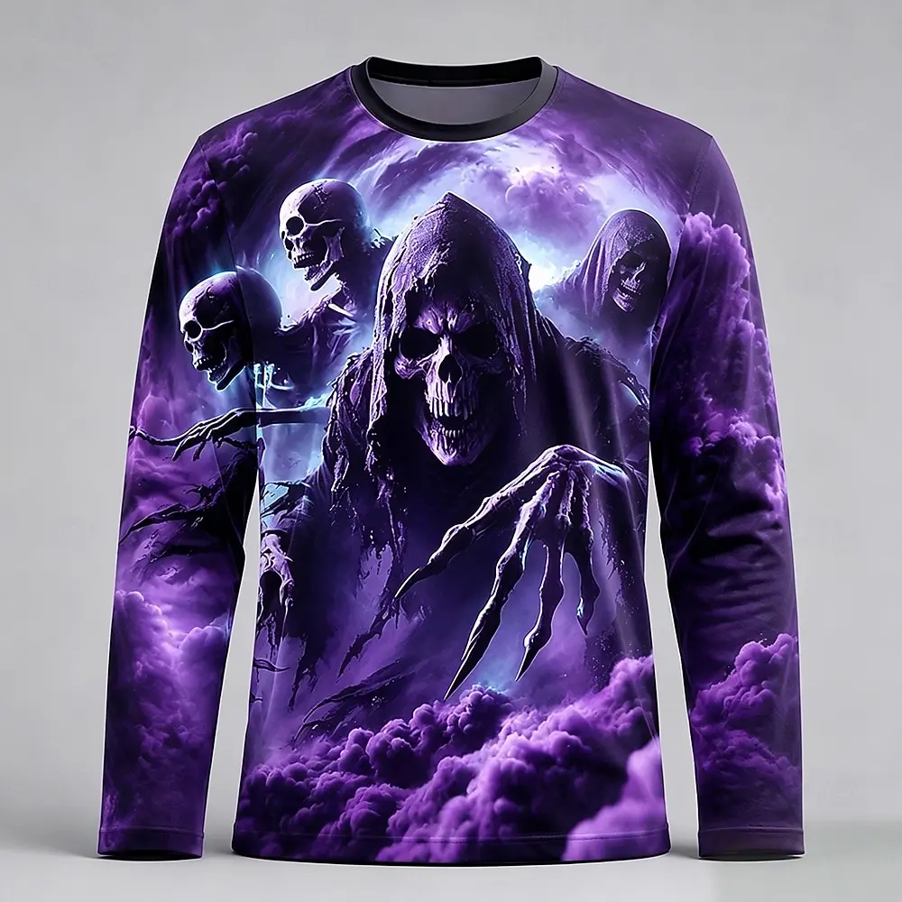 Men Long Sleeve T‑Shirt 3D Grim Reaper Skeleton Cloud Crewneck Top Halloween Gothic Horror Casual Streetwear Men's Gift T-shirts
