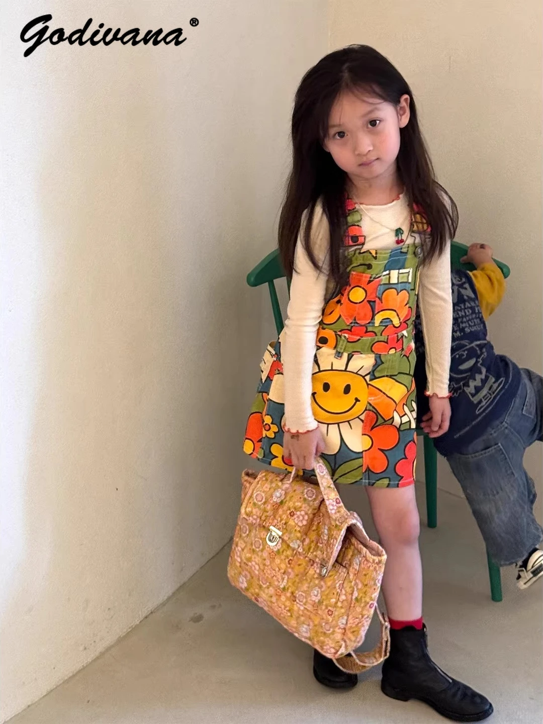 

Sweet Baby Girls 2026 New Spring Chic Dopamine Dress Childrens Soft Cotton Cute Floral Print Color Block Casual Overalls Dress