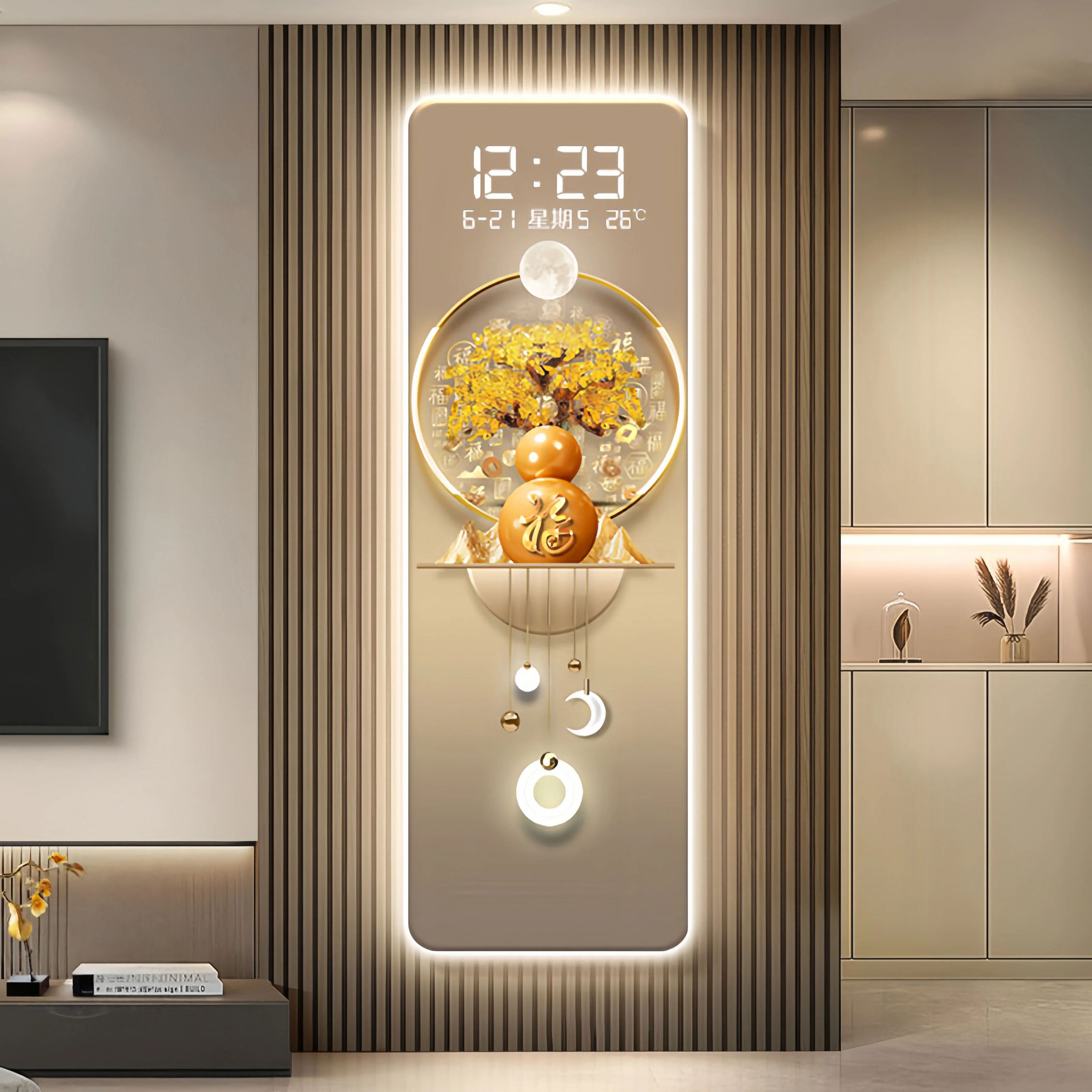 Modern Living Room Decoration Painting Tv Background Wall Hanging Painting Foyer Led Electronic Digital Clock Luster Wall Light