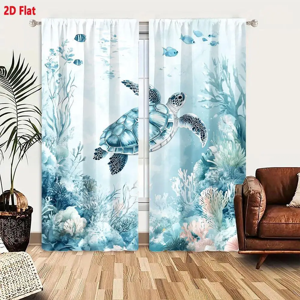 

2pcs Blue Ocean Curtain Tropical Underwater Sea Life Print Drapes Bathroom Shower Curtain Home Decor Window Dressing