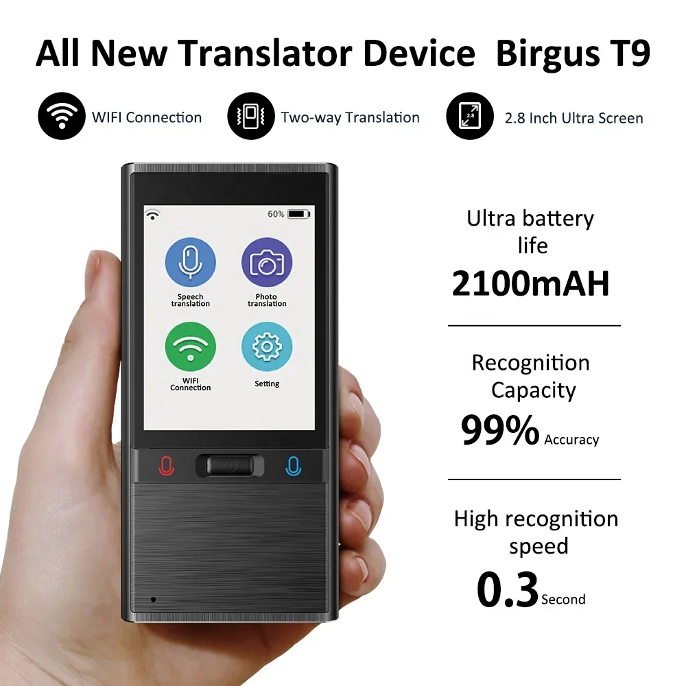 Dispositivo tradutor yyhcBirgus T9 2.8 '' HD Touch Screen Tradutor de voz inteligente Offline Tradutor multilíngue